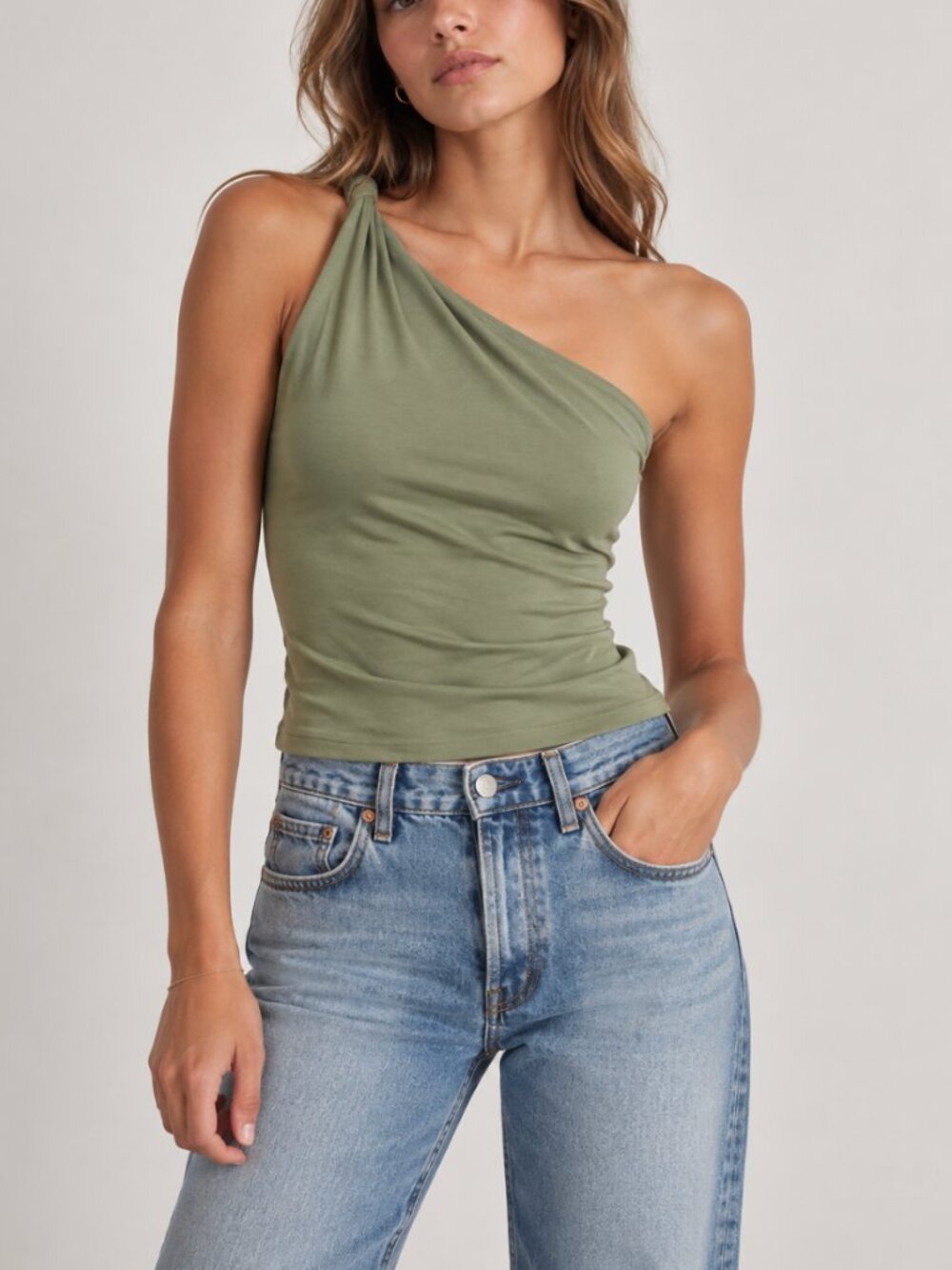 Reformation Sianna Knit Top One Shoulder Olive Green Medium